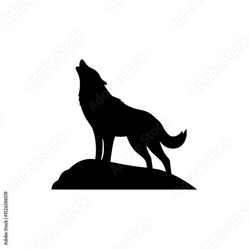 Silhouette of a wolf howling standing on a rock against white sky on white background , no background
