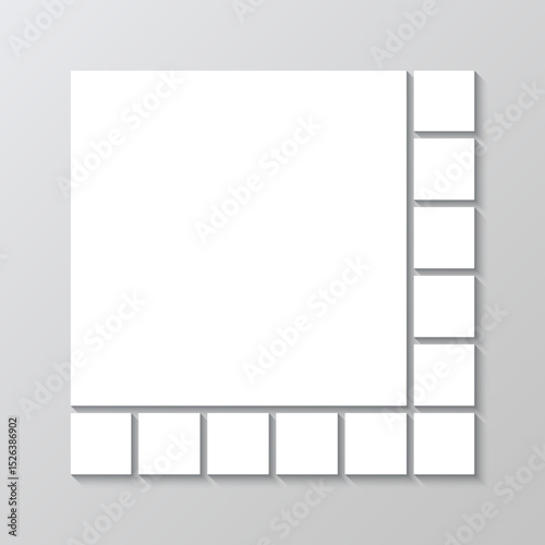 Mood board background. Gallery banner. Album scrapbook brandboard. Mosaic picture frame template. Photo collage square layout. Moodboard grid. Portfolio images mockup. Vector illustration