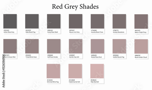 17 Red Grey Shades - 3d Deep Dark Black Red to Light Faded Red Gray Tones - with HEX Codes and Names, Colour Swatches, Scheme and Combinations