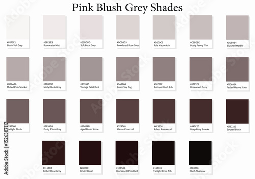 26 Pink Blush Grey Shades - 3d Light Faded Pink Gray to Deep Dark Black Pink Tones - with HEX Codes and Names, Colour Swatches, Scheme and Combinations