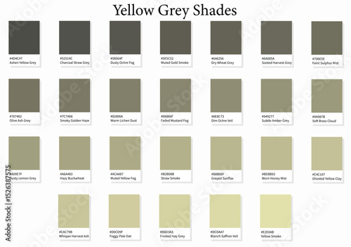 26 Yellow Grey Shades - 3d Deep Dark Black Yellow to Light Faded Yellow Gray Tones - with HEX Codes and Names, Colour Swatches, Scheme and Combinations