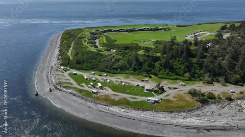 Drone shot over motorhomes parked at the Fort Casey campgrounds in WA. photo