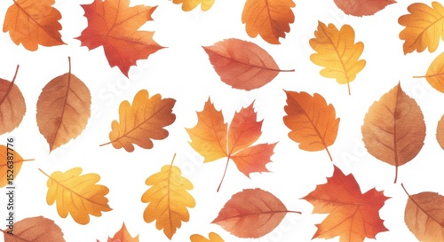 A whimsical autumn tableau of watercolor leaves strewn across a pure white canvas