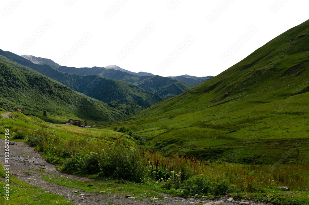 Naklejka premium Scenic green mountain valley landscape with historic towers, dirt path, and summer hills in sunlight transparent background
