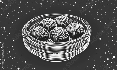 Chalk illustration of dumplings in a glass bowl with cosmic background.