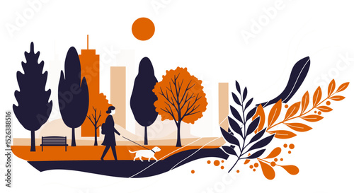 Man walking dog in urban park with colorful trees and skyline  