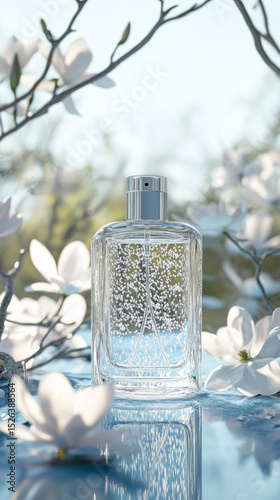 Elegant perfume bottle on reflective blue. Captured with white magnolias in soft focus.