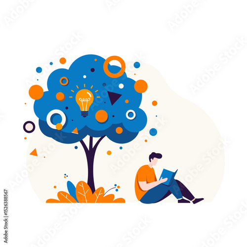 Young man reading a book while sitting under a colorful tree  