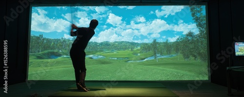 Indoor golf simulation with realistic virtual course landscape featuring bright blue sky and lush green fairway