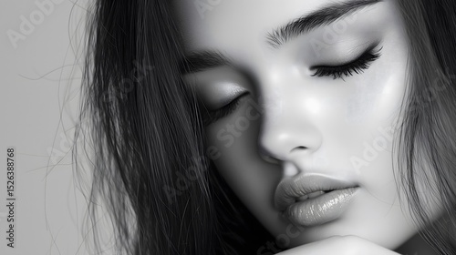 Black and White Close-Up Portrait of a Young Asian Woman with Glossy Lips and Long Hair, Eyes Closed in a Serene Expression photo