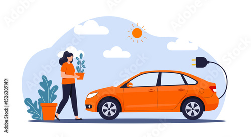Woman watering plants while charging orange electric car outdoors  