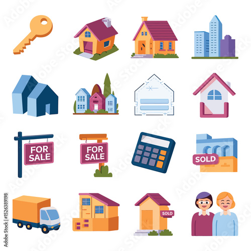 vector icons real estate business house key, symbolizing ownership new home House Sold Sign icon "Sold" sign in front, representing successful real estate 
