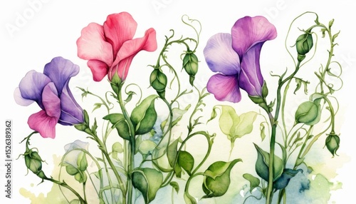 Fototapeta Naklejka Na Ścianę i Meble -  Exquisite Watercolor Painting of Sweet Pea Flowers in Pink Purple and Lavender Hues