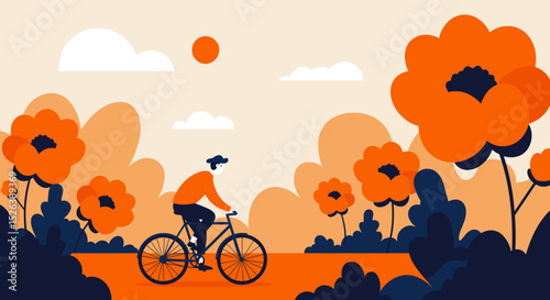 Man riding bicycle through vibrant orange flower field in daylight  