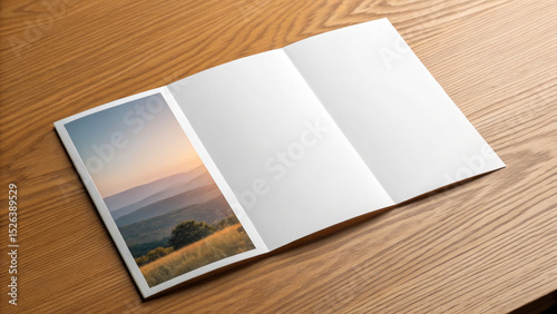 Brochure layout on wooden table with blank pages and landscape image  