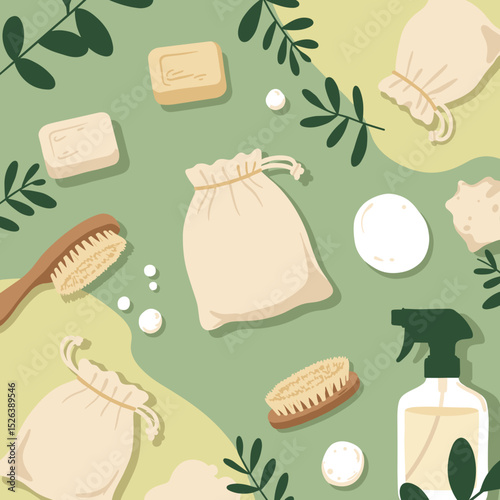 Eco-friendly cleaning supplies laid out on green background  