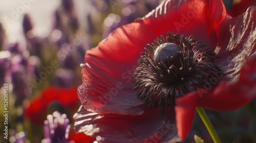 Red poppy close-up, field, sunrise, lavender background, floral design