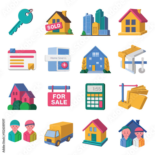 vector icons real estate business house key, symbolizing ownership new home House Sold Sign icon "Sold" sign in front, representing successful real estate 

