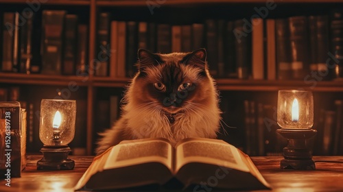 Cat reading book library candlelight night study
