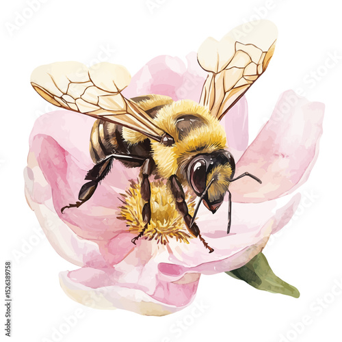 Bee On Flower, watercolor clipart vector, high quality, isolated on a white background.