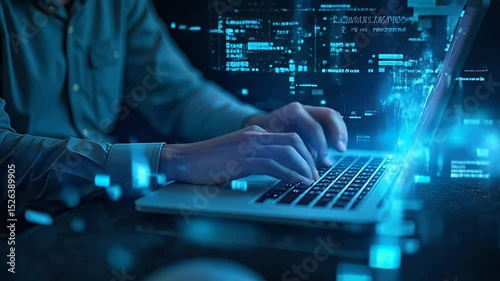 A male working on a laptop in a digital environment, illuminated by blue light.