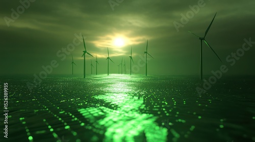 Offshore wind farm sunset, green energy, ocean, stormy sky, renewable power