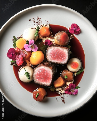 Gourmet seared beef tenderloin with seasonal vegetables glazed onions and red wine reduction sauce garnished with edible flowers and microgreens on white ceramic plate fine dining presentation.