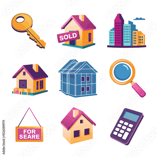 vector icons real estate business house key, symbolizing ownership new home House Sold Sign icon "Sold" sign in front, representing successful real estate 
