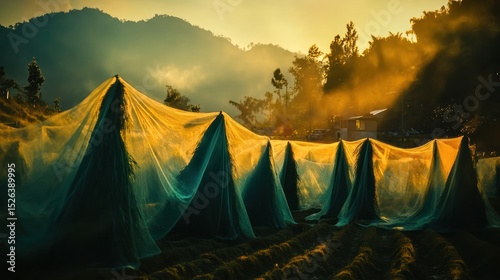 Sunrise illuminates netted plants on hillside farm