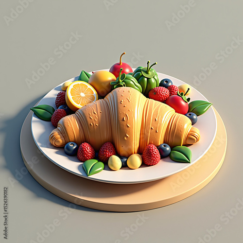 Croissant on round plate surrounded by berries and soft fruit slices.