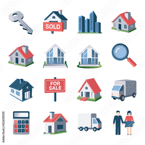 vector icons real estate business house key, symbolizing ownership new home House Sold Sign icon "Sold" sign in front, representing successful real estate 
