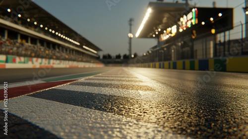 Race track asphalt, close-up, stadium, sunset, grandstand, advertising