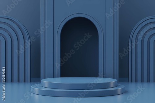 Emphasize the elegance of your merchandise with a photo showcasing an abstract 3D dark blue cylinder pedestal podium against a backdrop of a luxurious dark blue wall scene, exuding luxury and style.