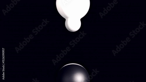 Looped monochrome animation of a small fluid sphere oscillating between two large black and white spheres. The shape gently morphs and absorbs color from each side, evoking duality, choice and