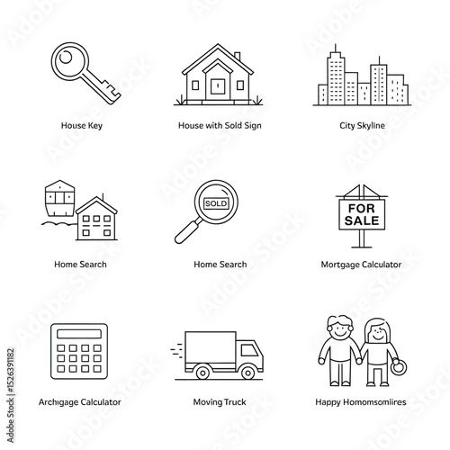 vector icons real estate business house key, symbolizing ownership new home House Sold Sign icon "Sold" sign in front, representing successful real estate 
