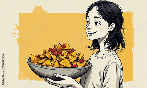 Young girl with nachos smiling in casual illustrative food scene.