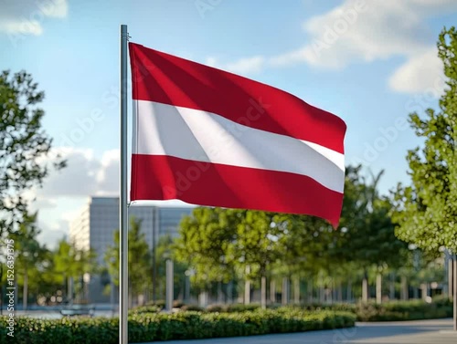 Austrian flag with city park, and waving.