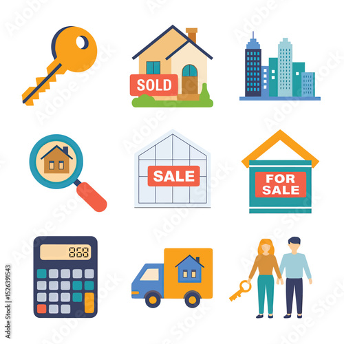 vector icons real estate business house key, symbolizing ownership new home House Sold Sign icon "Sold" sign in front, representing successful real estate 
