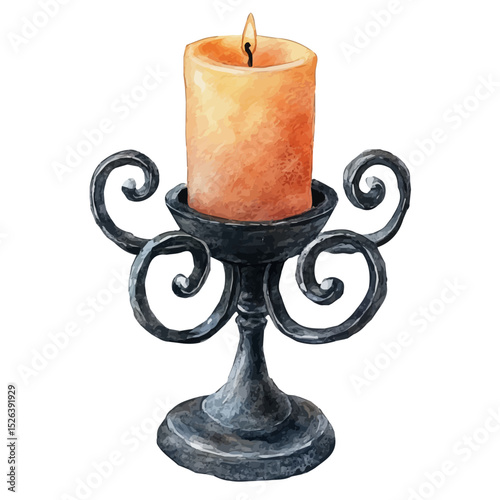 watercolor of Black Iron Candle Holder With Curved Arms, vector high quality, isolated on a white background.