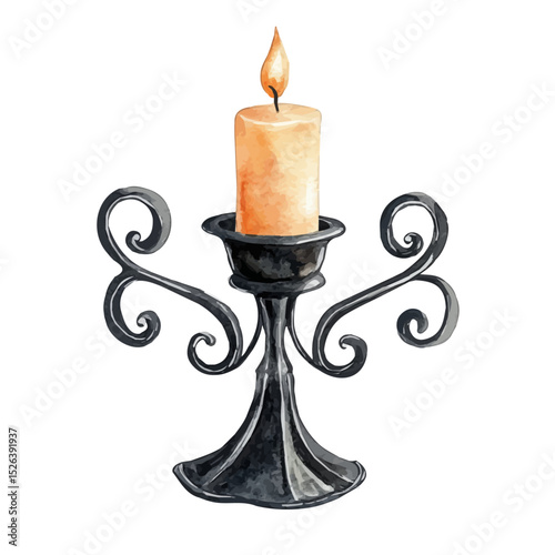 Black Iron Candle Holder With Curved Arms, watercolor drawing vector, high quality, isolated on a white background.