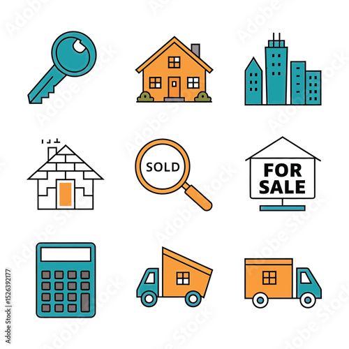 vector icons real estate business house key, symbolizing ownership new home House Sold Sign icon "Sold" sign in front, representing successful real estate 
