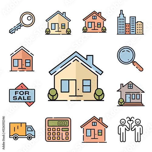 vector icons real estate business house key, symbolizing ownership new home House Sold Sign icon "Sold" sign in front, representing successful real estate 
