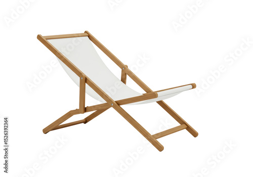 Isolated Wooden Deck Chair with White Canvas