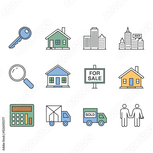 vector icons real estate business house key, symbolizing ownership new home House Sold Sign icon "Sold" sign in front, representing successful real estate 
