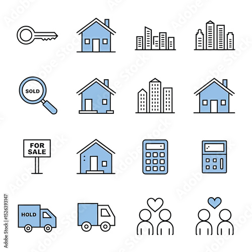 vector icons real estate business house key, symbolizing ownership new home House Sold Sign icon "Sold" sign in front, representing successful real estate 
