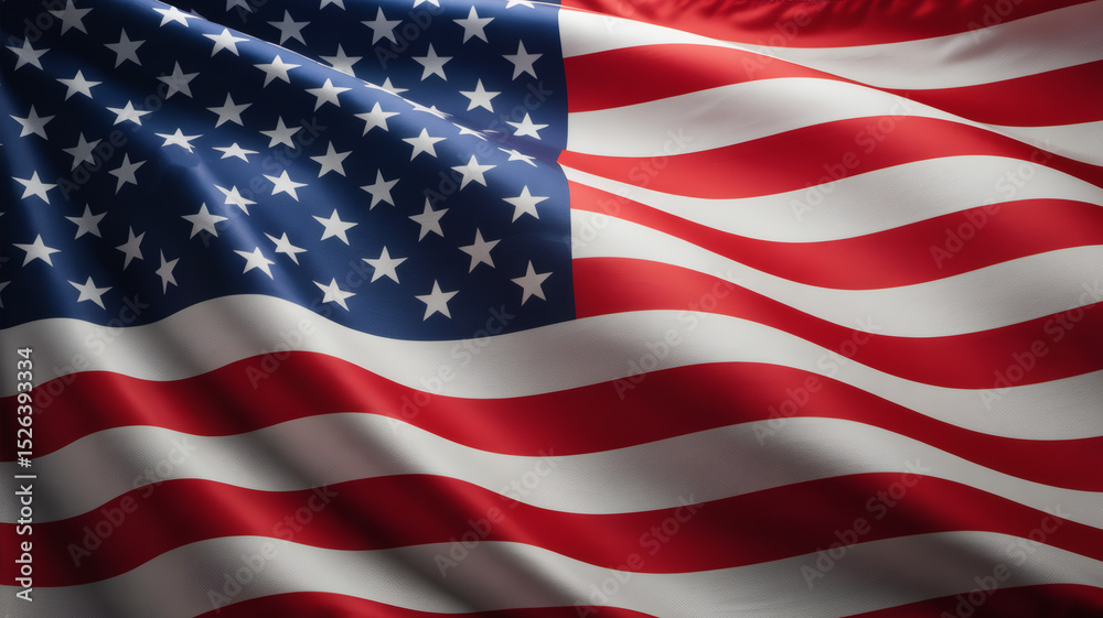 Fototapeta premium A richly textured close-up of the American flag, showcasing its bold red, white, and blue colors and the classic stars and stripes, symbolizing enduring national spirit.
