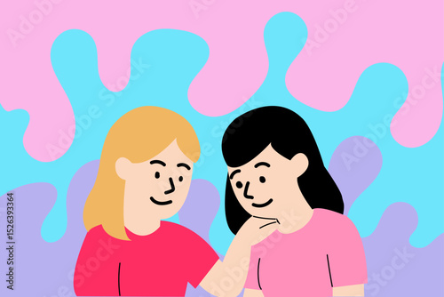 Flat Friendship Illustration - One Friend Comforting Another A heartwarming outline showing one friend offering comfort to another who is feeling sad or upset. A tender moment of empathy and support.