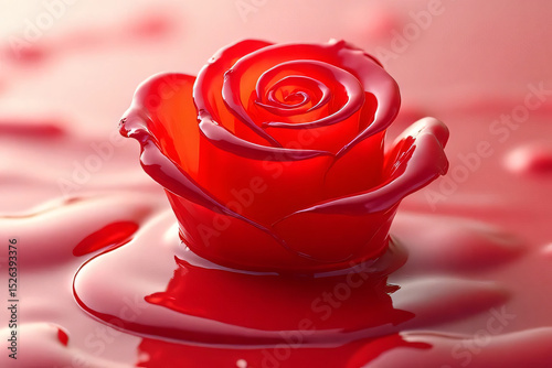 Beautiful red rose and scattered petals on a white background, symbolizing love, romance, and celebration