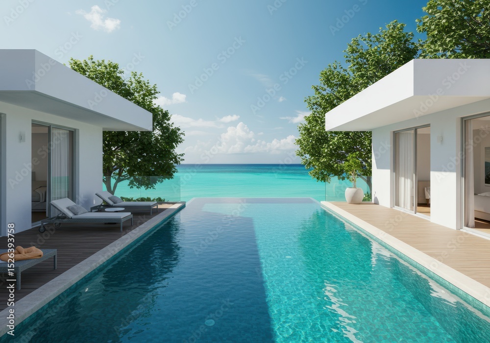 Fototapeta premium Infinity pool between villas overlooking turquoise ocean and sky