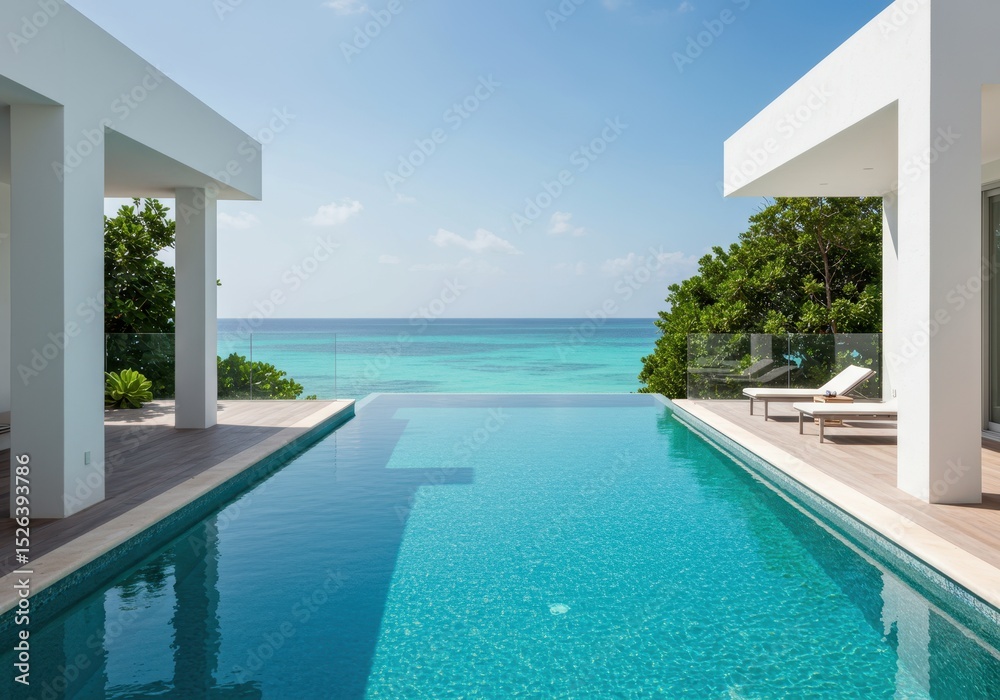 Fototapeta premium Infinity pool overlooking the ocean at a modern villa on a sunny day